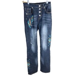 Man-Denim Jeans Women's Blue Skinny Button Fly Embroidered‎ Medium Distressing